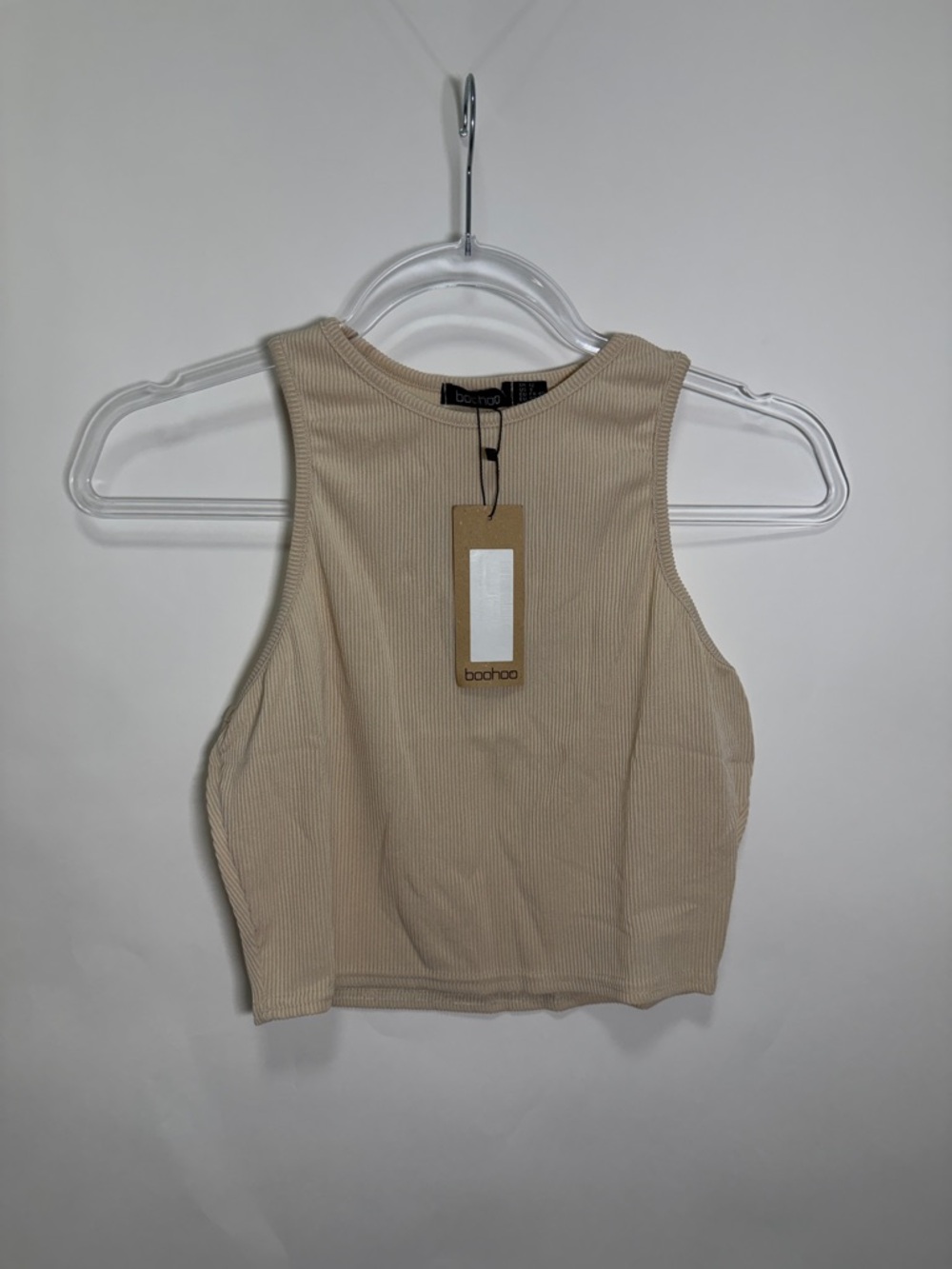 Beige Ribbed High Neck Crop Tank
